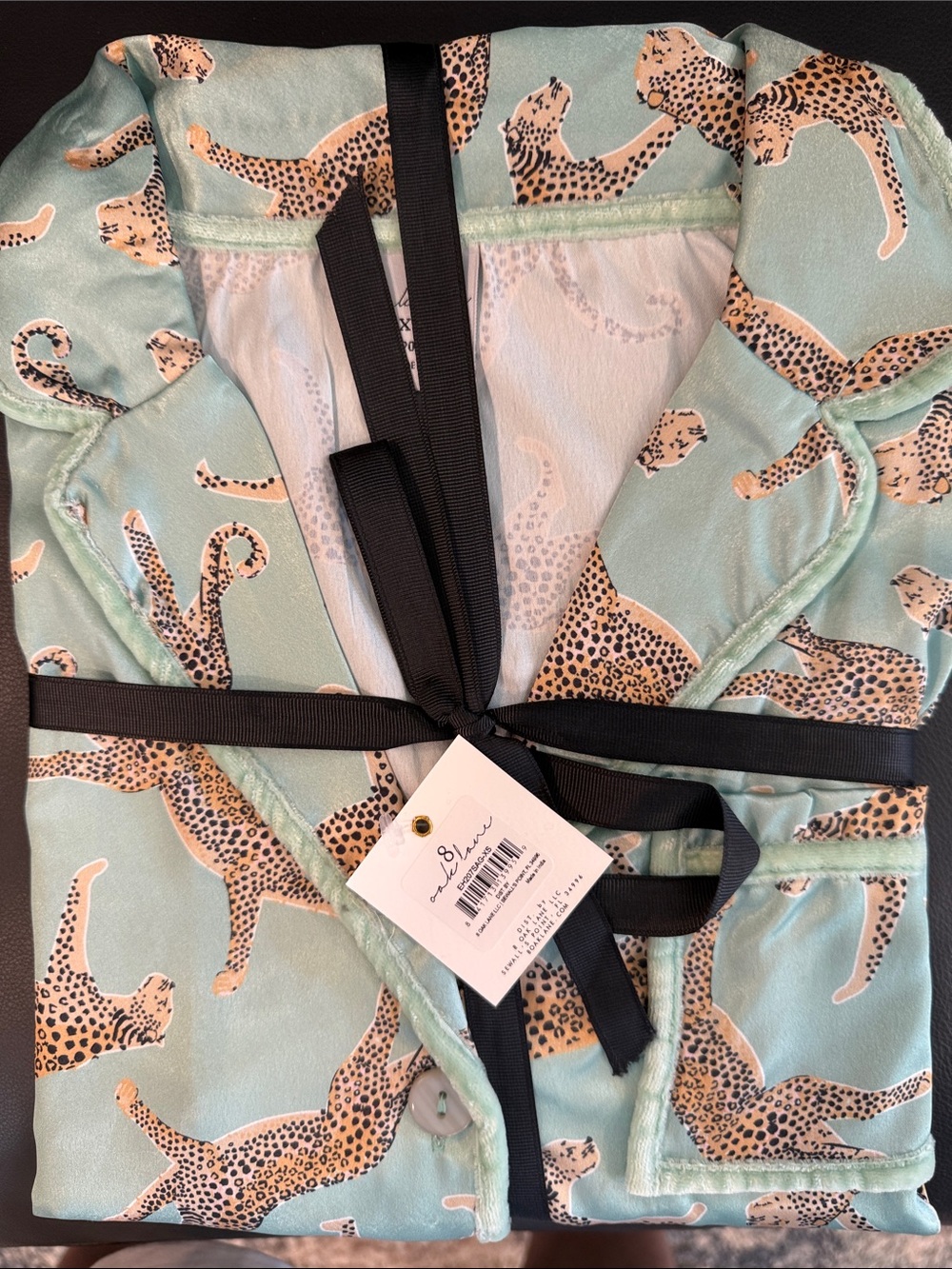 8 Oak Lane Leopard-Print Satin Pajama Set in Mint by und Rest